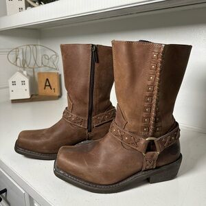 Harley-Davidson Women’s 10 Leather Moto Boots Brown Harness Studded Biker Riding